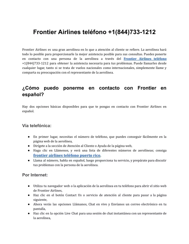 Frontier Airlines teléfono  18447331212